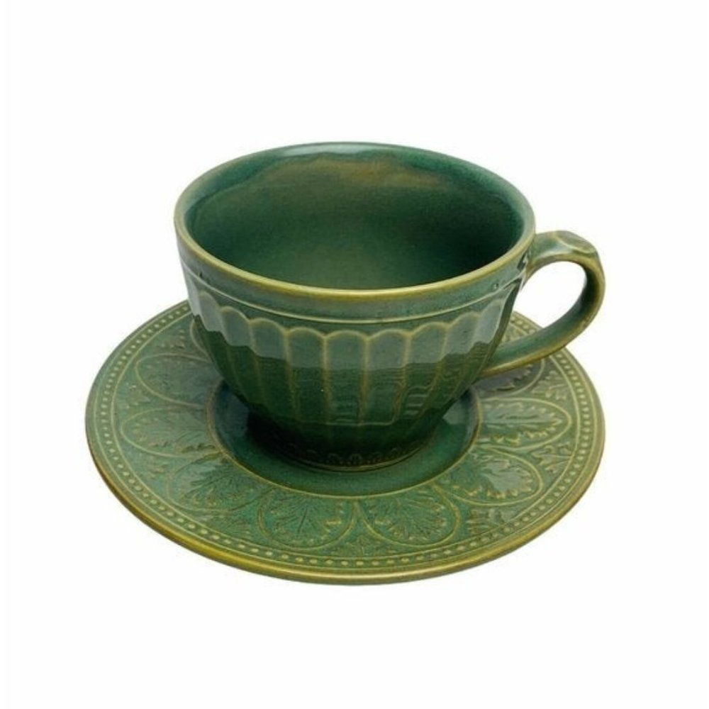 Vintage Coventry Coffee Mug And Saucer Parthenon Green Ribbed Set Stoneware